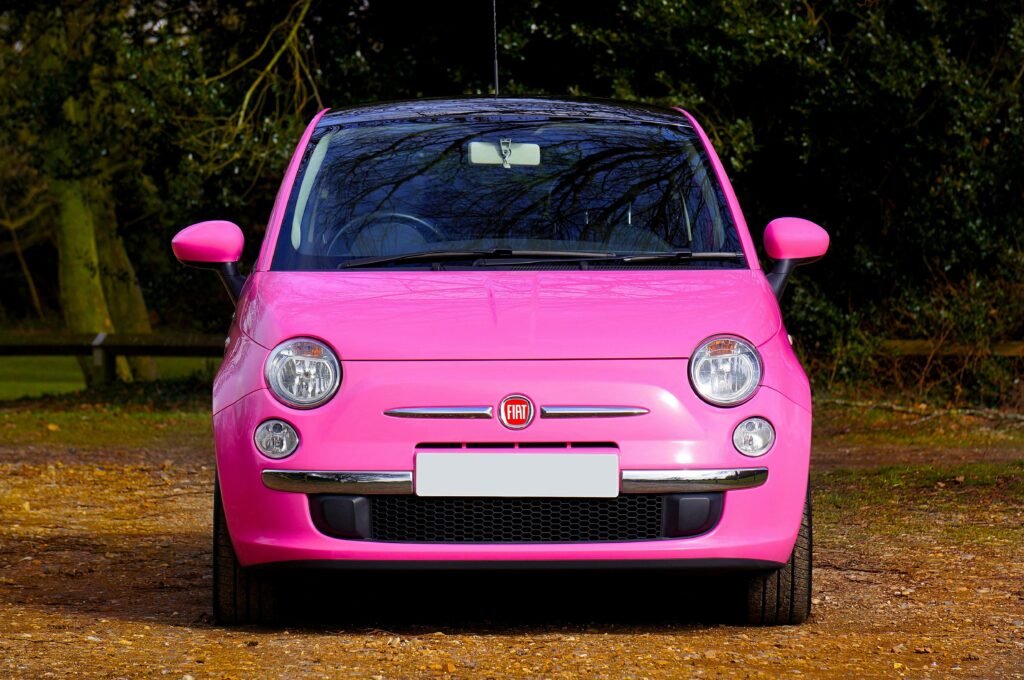 pexels-photo-1009873-1009873 A vibrant pink Fiat 500 car parked outdoors surrounded by greenery and trees.