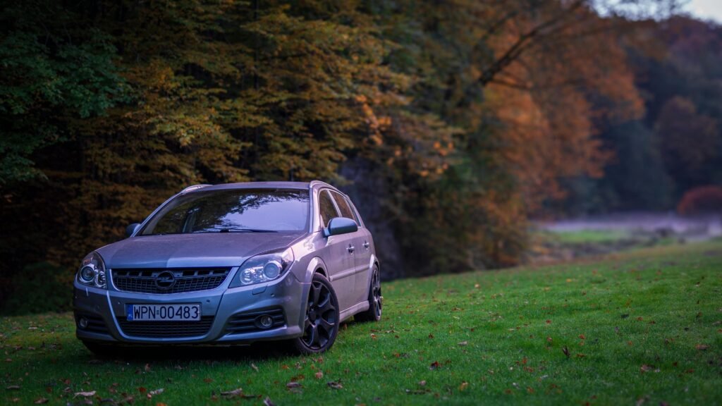 A modern gray Opel Vectra parked on green grass with colorful autumn trees in the background.